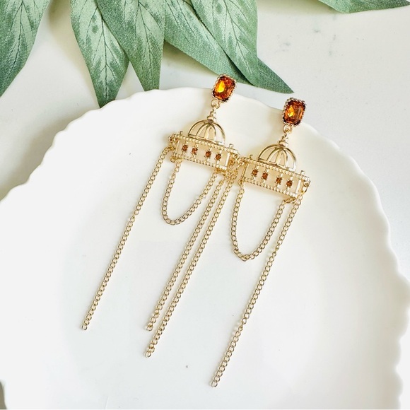 2/$30🌵 Gold Tassel Dangle Earrings Amber Rhinestone European Chic Jewelry NEW - Picture 6 of 12